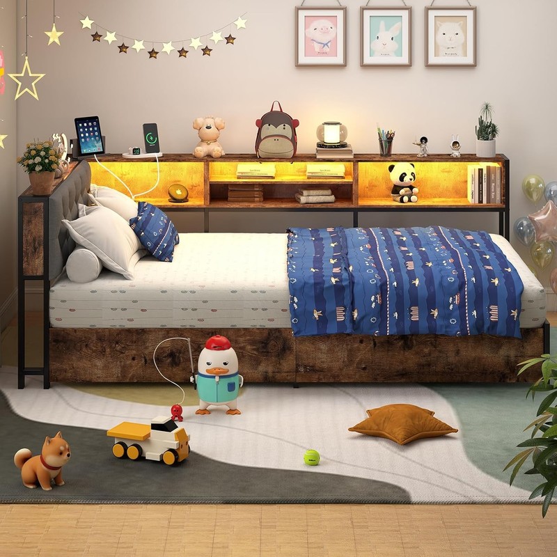 Corner Bed Frame with Storage Bookcase Twin / XL Daybed Kids Bed with Charging gallery