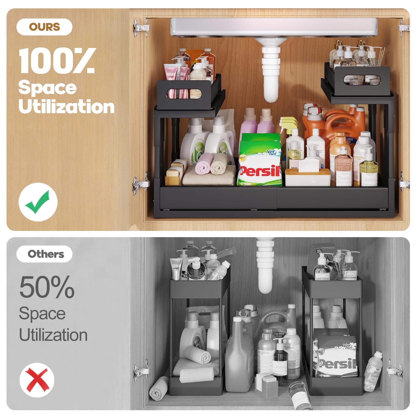 Under Sink Organizer 2 Tier Pull Out Adjustable Height Slide Tracks Black gallery