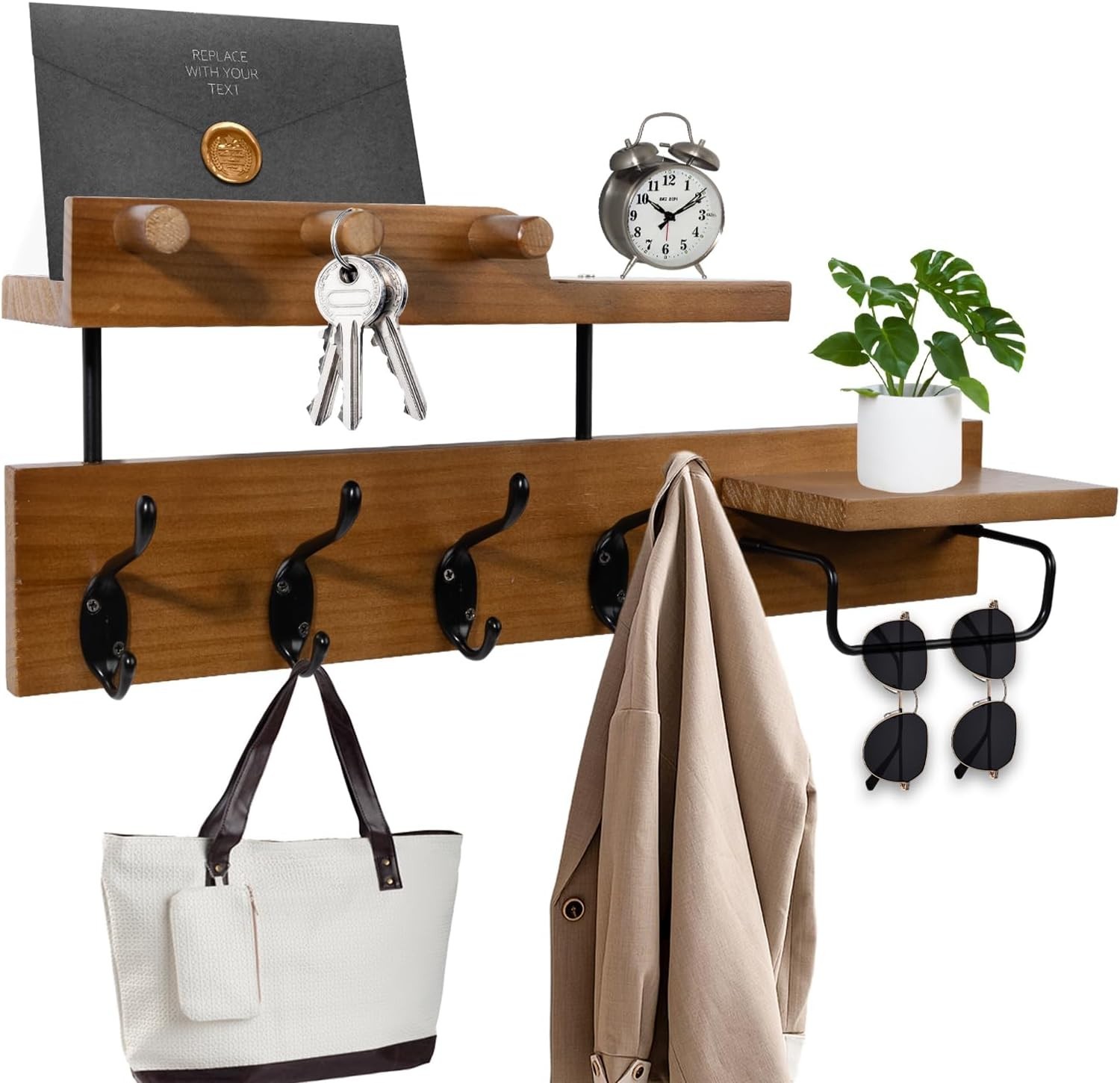 Wooden Wall-Mounted Coat Hanging Rack with Shelf and Hooks, Rustic - Brown Black gallery