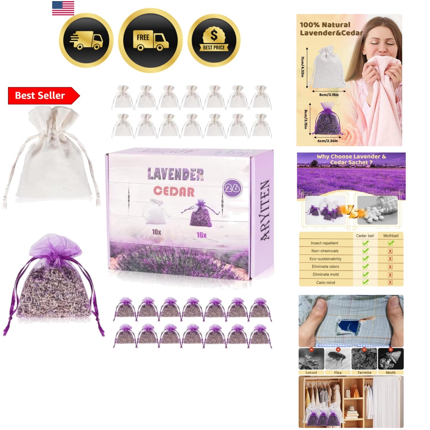 Lavender Cedar Sachets Pack 26 Natural Fragrance Drawers Closets gallery
