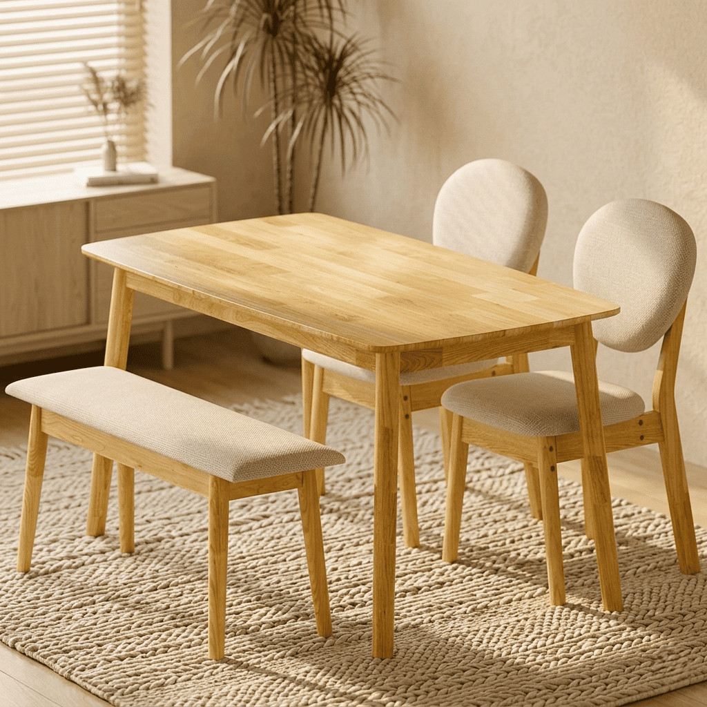 4 Piece Dining Table Set Solid Rubber Wood 2 Padded Chairs Bench Natural Kitchen gallery