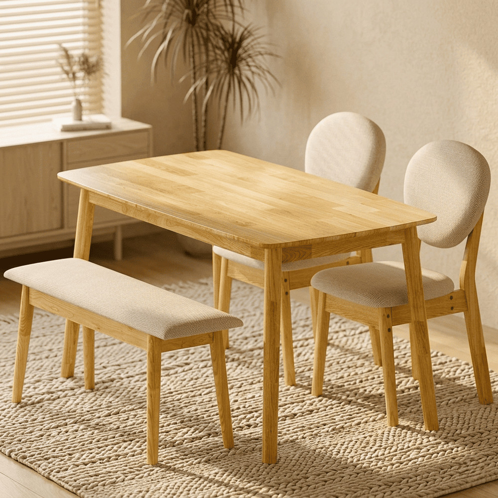 4 Piece Dining Table Set Solid Rubber Wood 2 Padded Chairs Bench Natural Kitchen