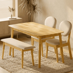 4 Piece Dining Table Set Solid Rubber Wood 2 Padded Chairs Bench Natural Kitchen