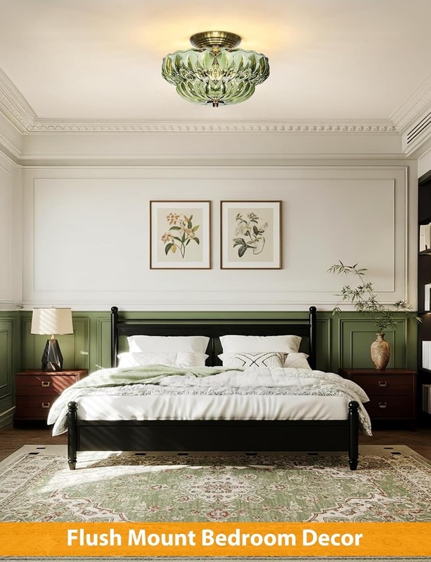 11" Semi Flush Mount Ceiling Light Vintage Gold 3-Light Green Glass Fixture gallery