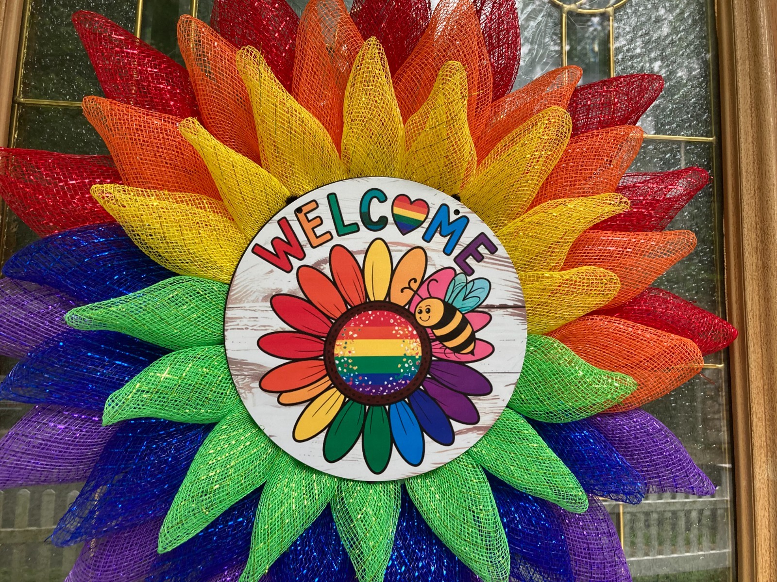 Handmade Rainbow Pride Wreath, Inclusion Door Decor, Vibrant Allyship Hanger gallery