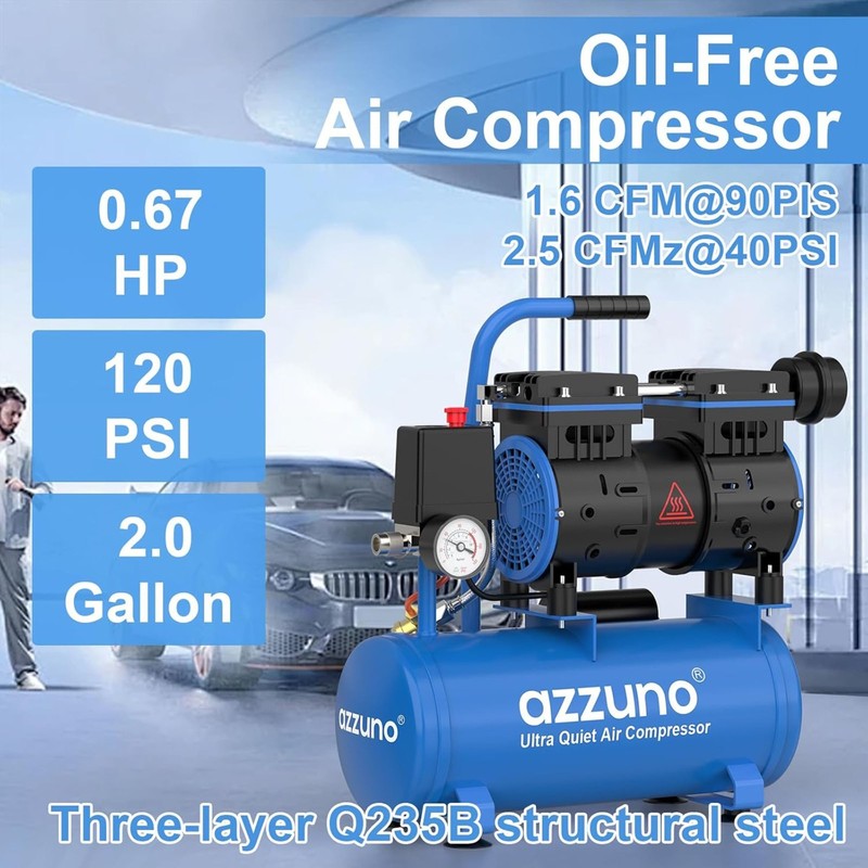 AZZUNO Air Compressor 6 Gallon 4.2CFM@90PSI 70 dB Ultra Quiet Oil Free gallery