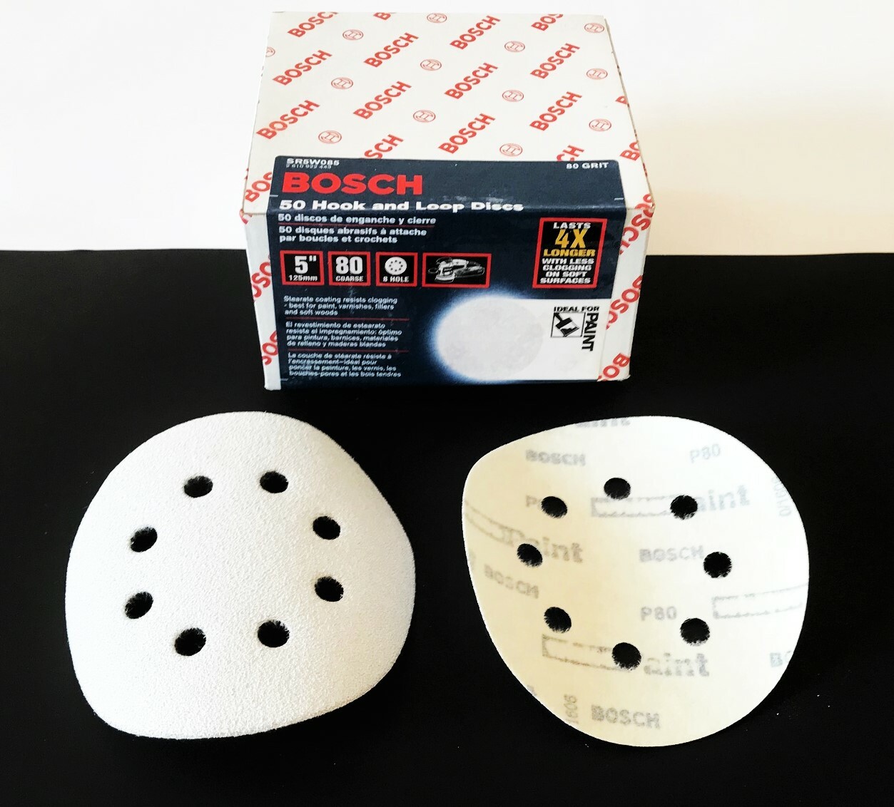 50 BOSCH 5" HOOK AND LOOP 8 HOLE SANDING DISCS 80 GRIT 4X ORBITAL SANDER SR5W085 gallery