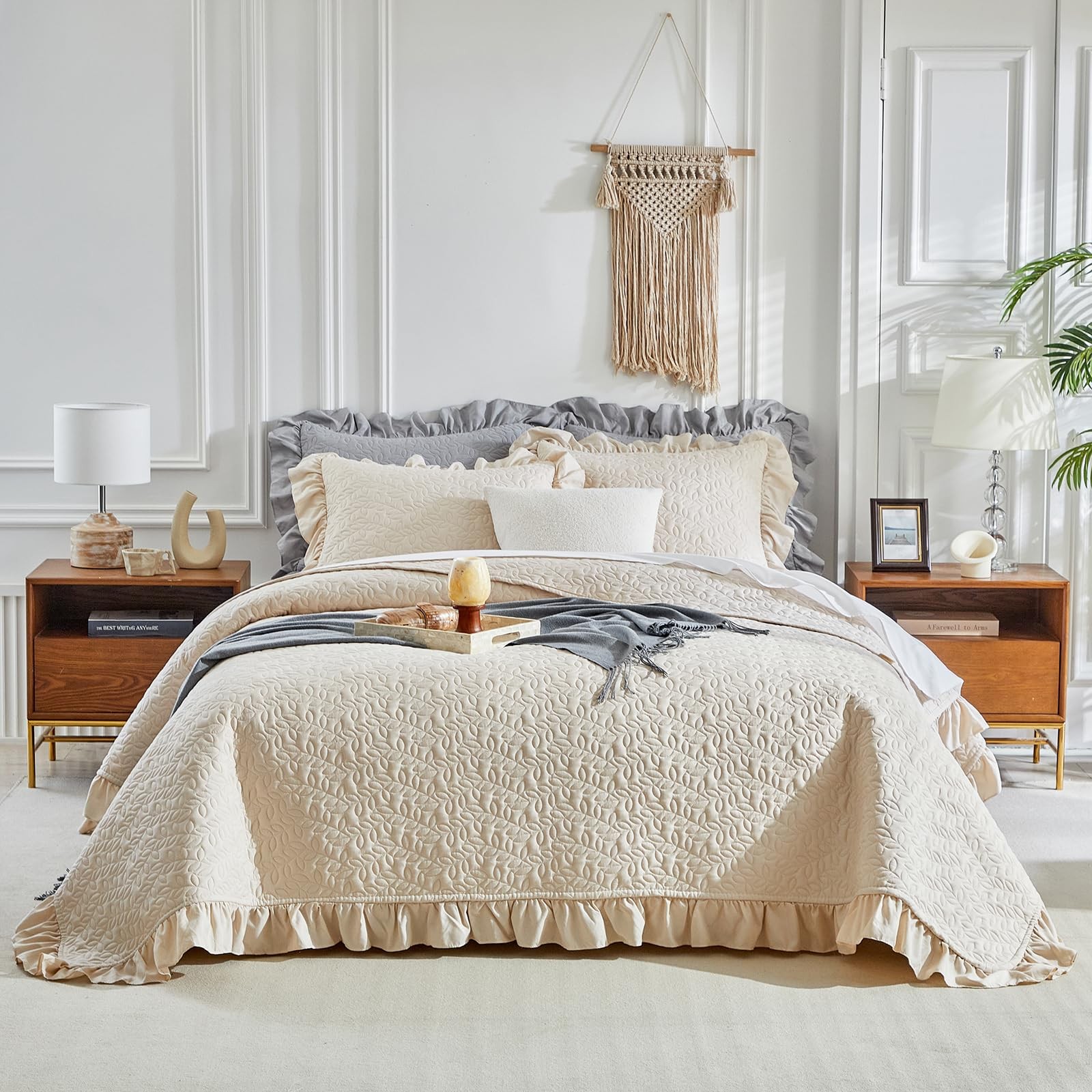Oversized Ruffled Quilt Set 70 * 88in Twin Size Solid Shabby Chic Farmhouse R... gallery
