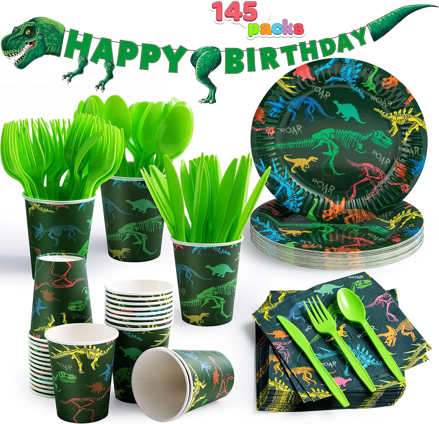 Dino Birthday Party Set 145pc 24 Guests Cups Napkins T-Rex Banner Plates Cutlery gallery