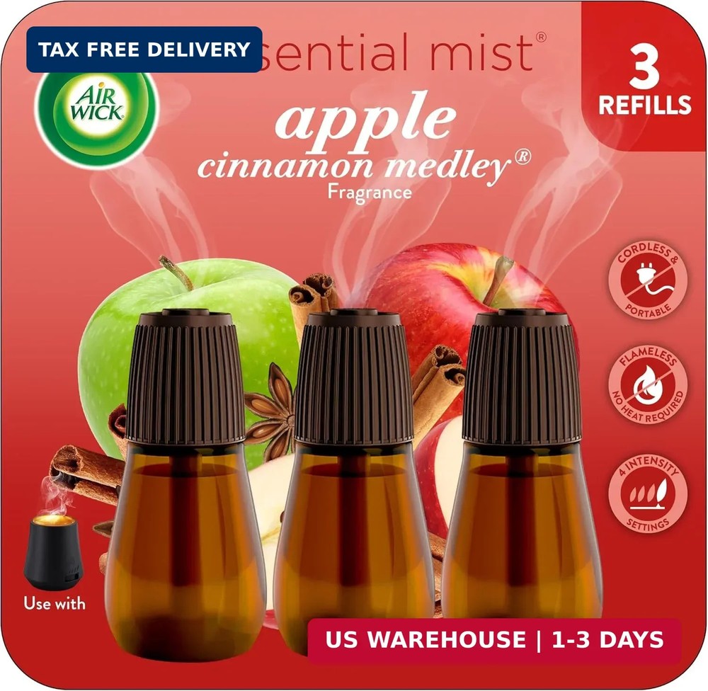 Air Wick Essential Mist Refill, 3 ct, Apple Cinnamon Medley, Essential Oils Diff