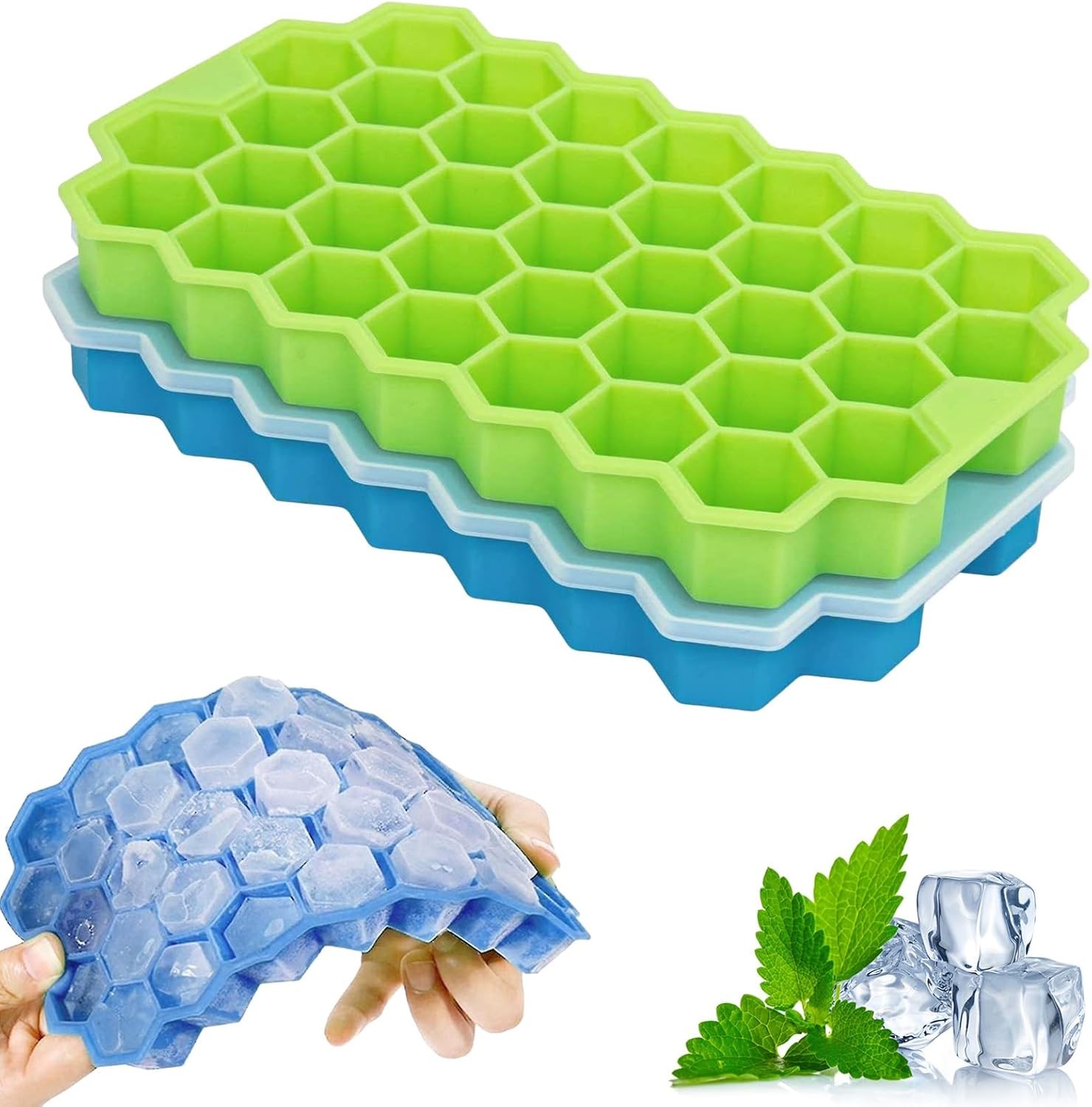 2 Pack Honeycomb Ice Cube Trays for Freezer Microwave(Blue and Green), Silicone gallery