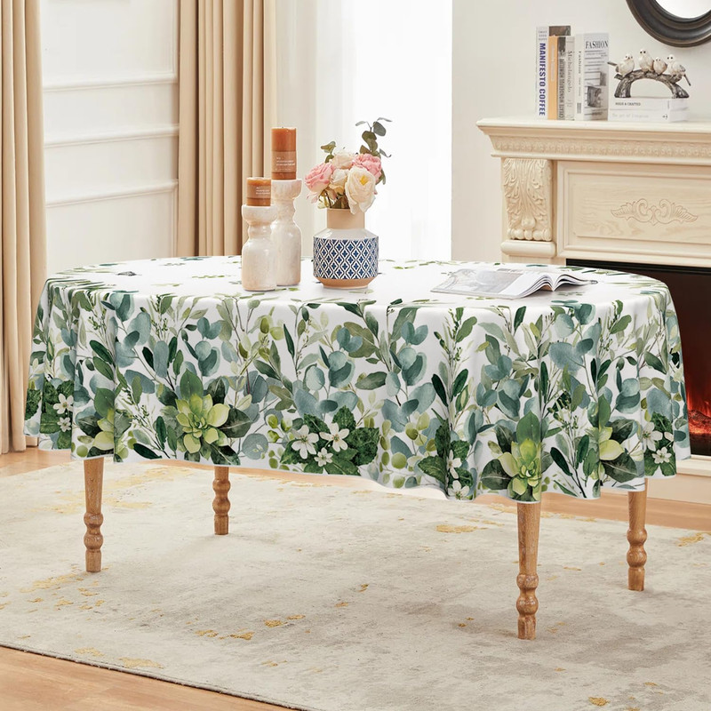 Spring Summer Tablecloth 60X84 Inch Oval, Eucalyptus Floral Table Cover for Part gallery