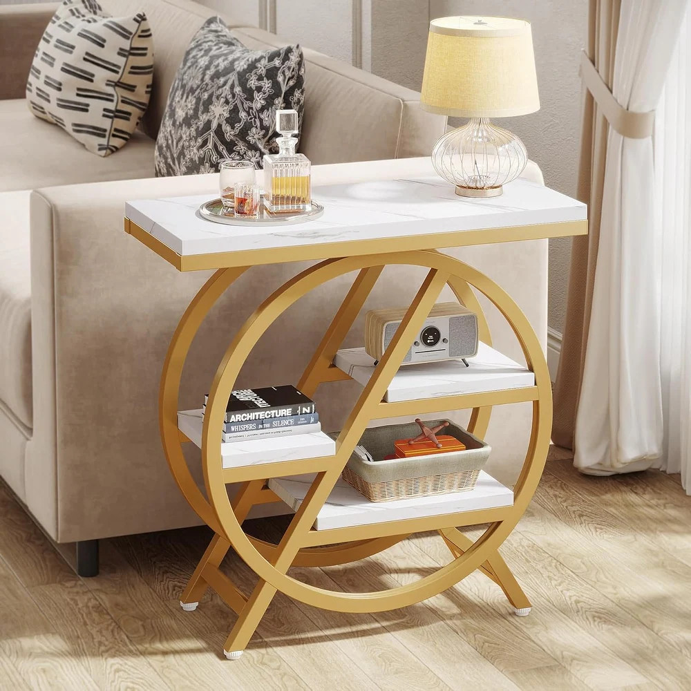 White Gold 3 Tier End Table Storage Shelves Side Table Wood Metal Circle Round gallery