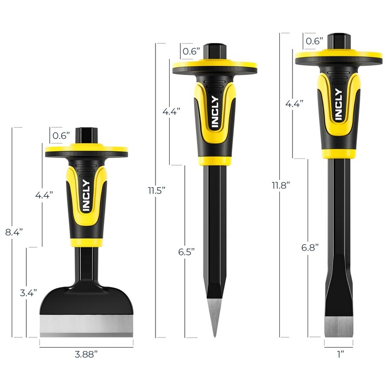 INCLY 3PCS Masonry Chisel Set with Hand 11 inches, 8 Black + Yellow gallery