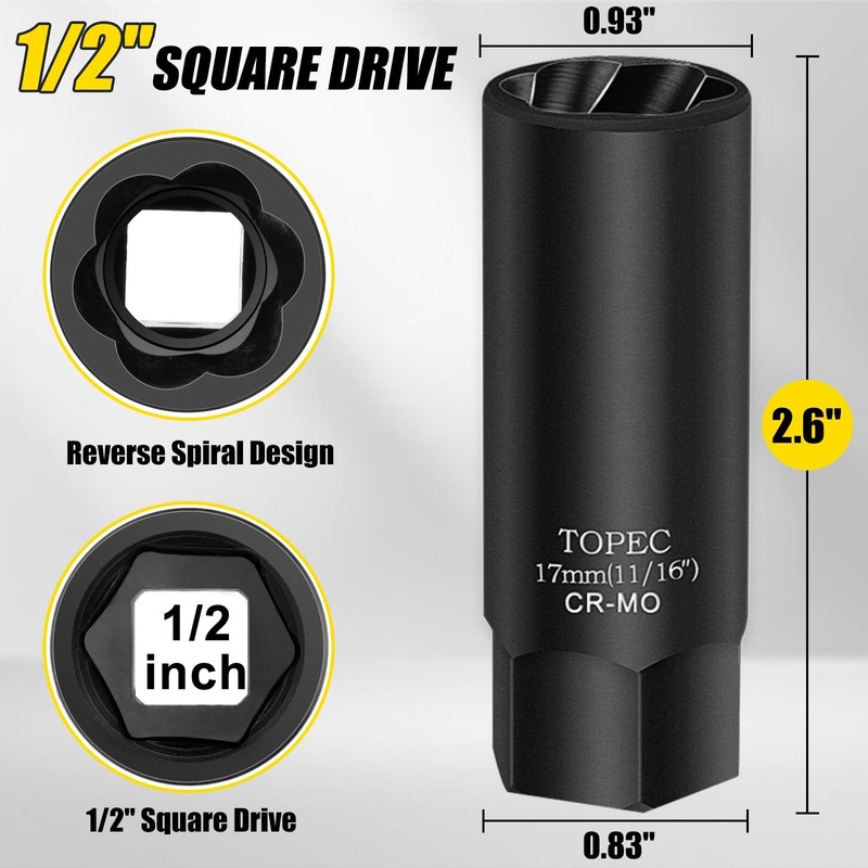 Topec 17MM Deep Lug Nut Extractor Socket - 1/2" Drive Stripped Bolt Nut Remover gallery
