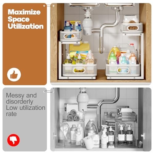 2 Pack Under Sink 2-Tier Pull Out Cabinet Organizer, Height Adjustable, White gallery