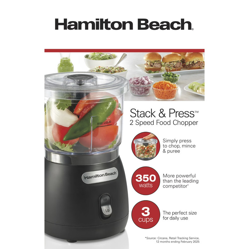 Hamilton Beach Stack & Press 3-Cup Mini Food Chopper Processor 2 Speed Black gallery