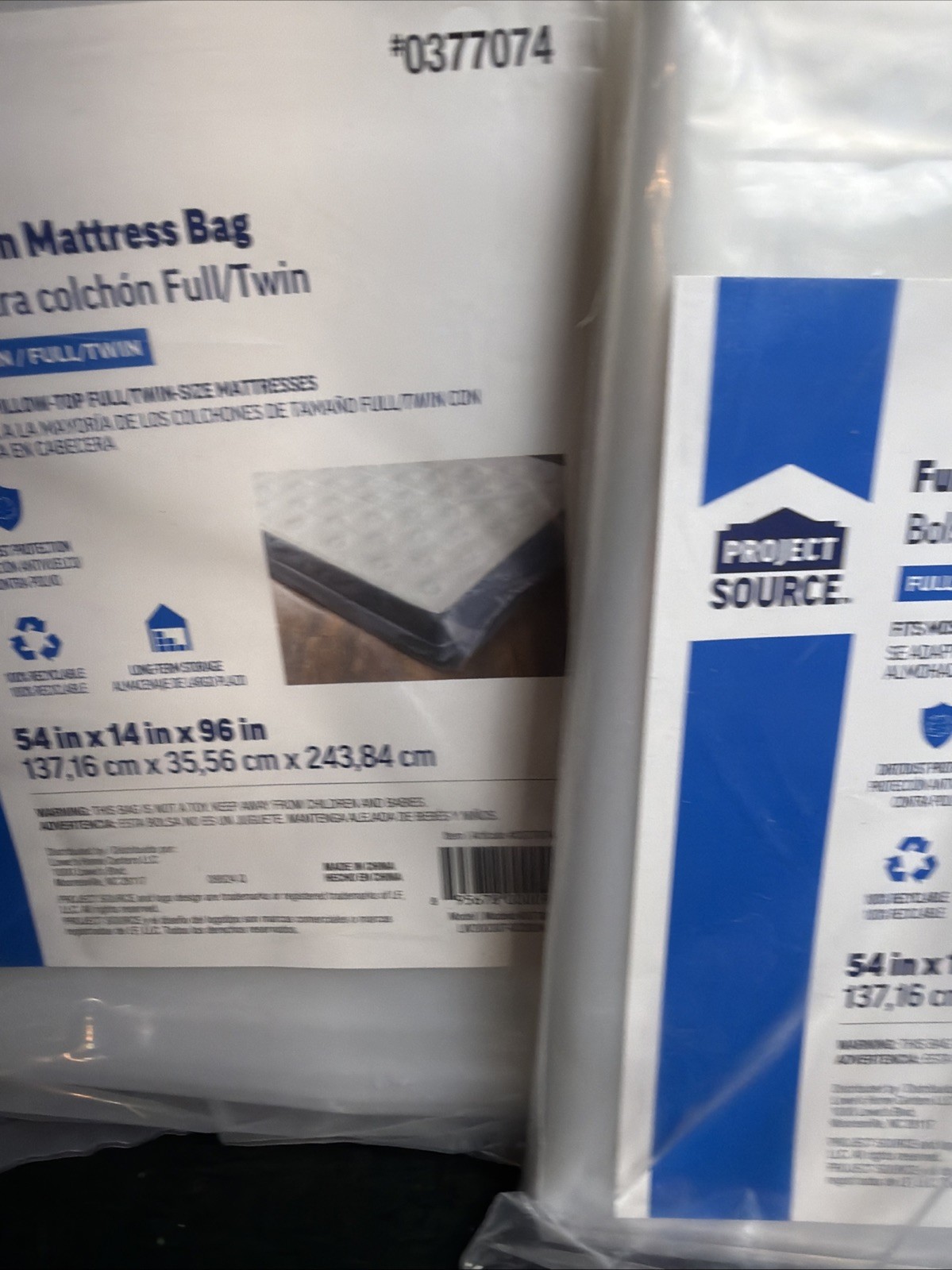 2 Pc Project Source Full/Twin Clear Mattress Bag #0377074. 54x14x96in. Brand New gallery