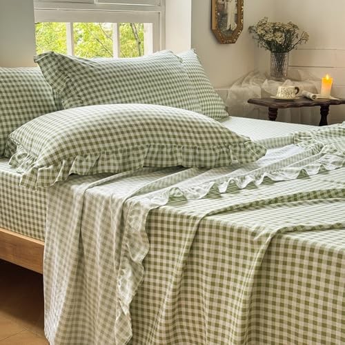 Ruffle Sheet Set, Green Soft Pre-Washed Microfiber Twin Sage Green Gingham gallery