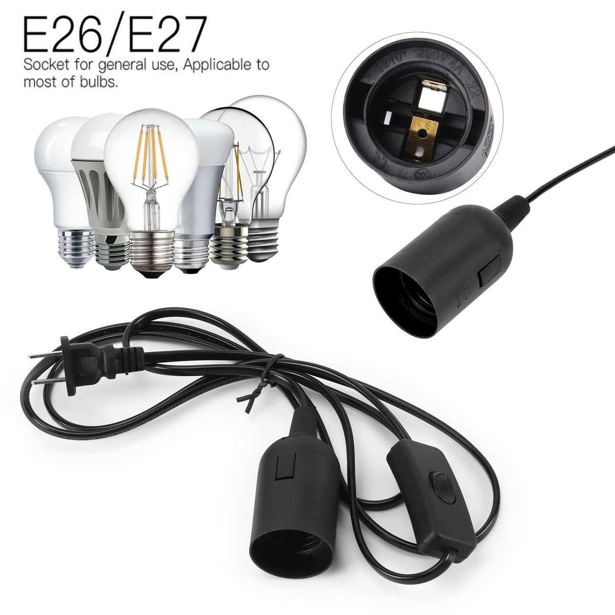 Light Cord Cable Switch E26/E27 Bulb Socket Extension Hanging Pendant Lamp 1.8M gallery