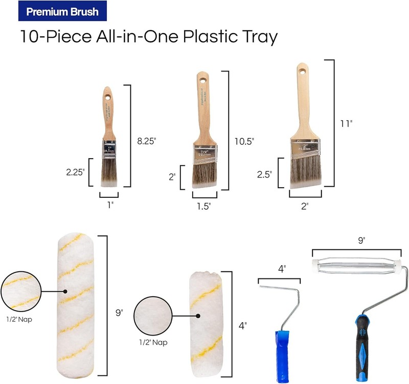 Pro Grade Paint Roller Kit, Brush & Roller,10 Piece Set, Wall Painting Naps for gallery