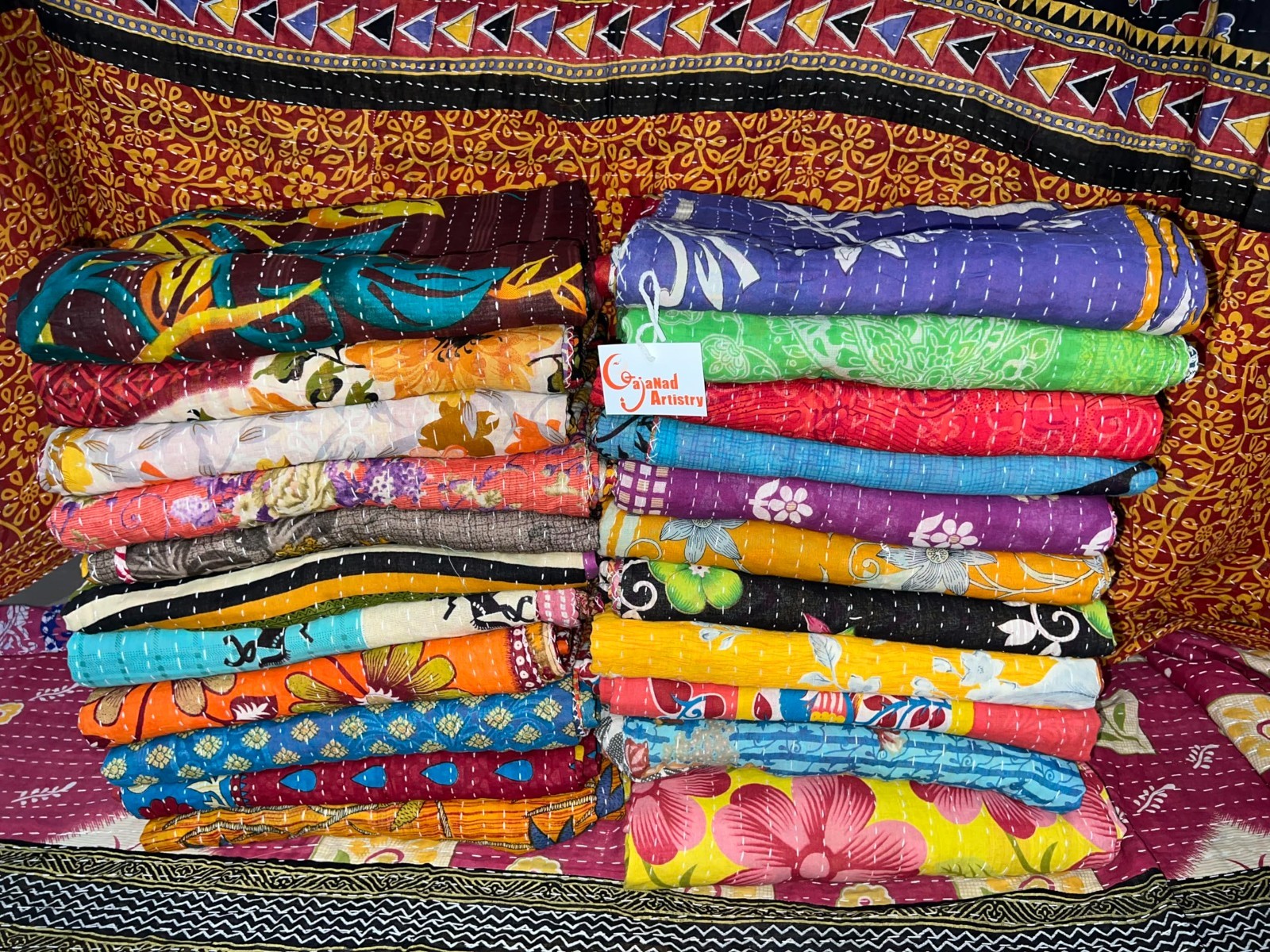 Reversible Vintage Kantha Quilt - Bohemian Handmade Indian Blanket, Twin Size 85 gallery