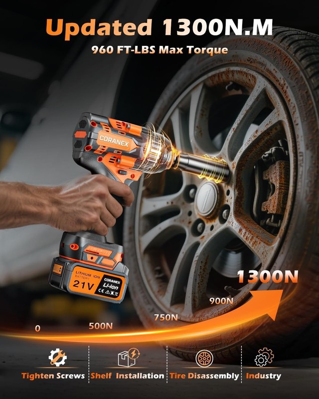 High Torque 1/2" Cordless Impact Wrench - 1300N.m, 2x4.0Ah Batteries Included gallery