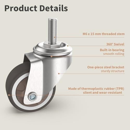 1.25" Small Threaded Stem Casters, M6 Swivel Furniture Wheels, TPR Silent, gallery