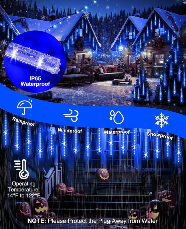 LED Meteor Shower Lights Outdoor Falling Rain Drop Icicle String Waterproof Blue gallery