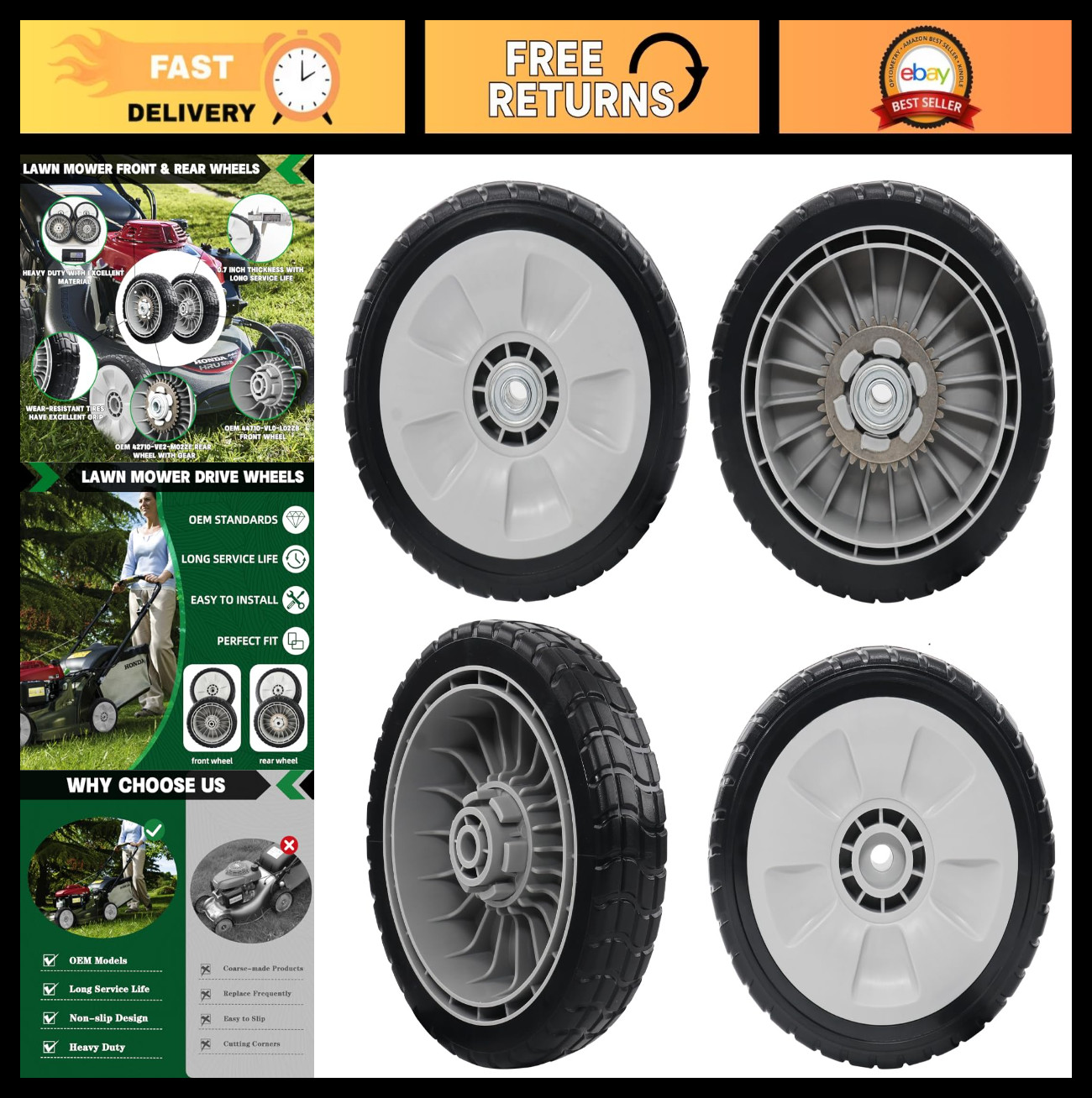 4-Pack Lawn Mower Drive Wheels - 2 Rear & 2 Front Replacement for Honda HRR216 H gallery