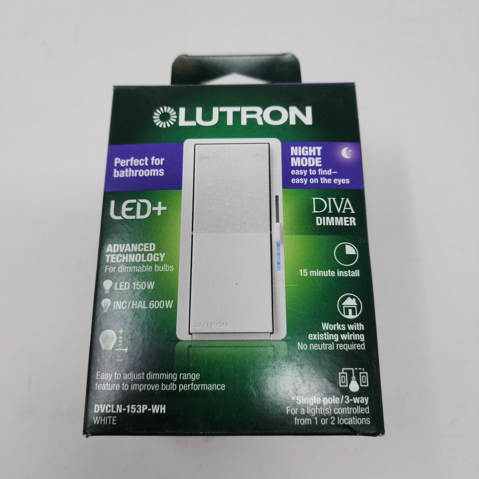 New Lutron DVCLN-153P-WH Diva LED+ Dimmer Night Mode White Single Pole 3Way 150W gallery