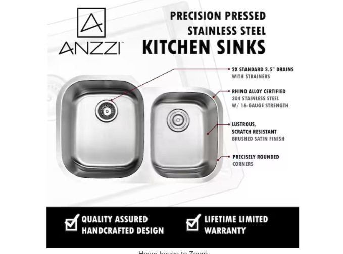 Anzzi MOORE Series Undermount Stainless Steel 32" 0-Hole 2-Bowl Kitchen Sink gallery
