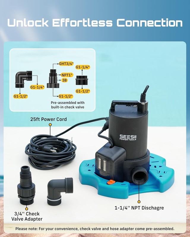 SEESII Automatic Pool Cover Pump 1/3HP Pool Cover Pump with Auto On/Off 3035GPH gallery