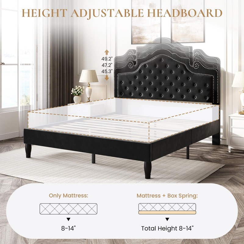SHA CERLIN Queen Bed Frame with Adjustable Headboard/Velvet Upholstered/Diamond gallery