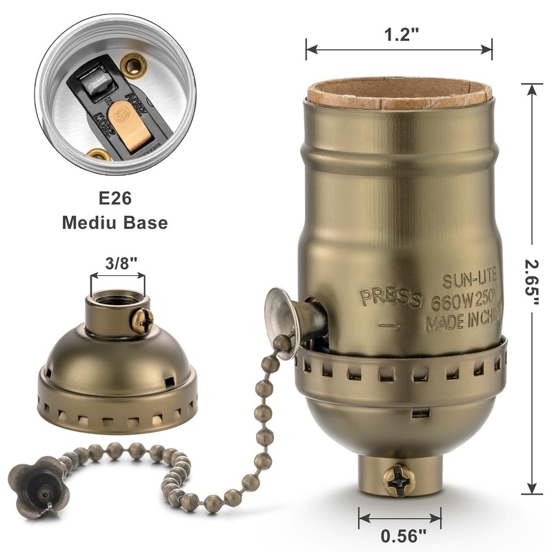 Pull Chain Lamp Socket Replacement, E26 Standard Threaded Base, Antique Brass gallery