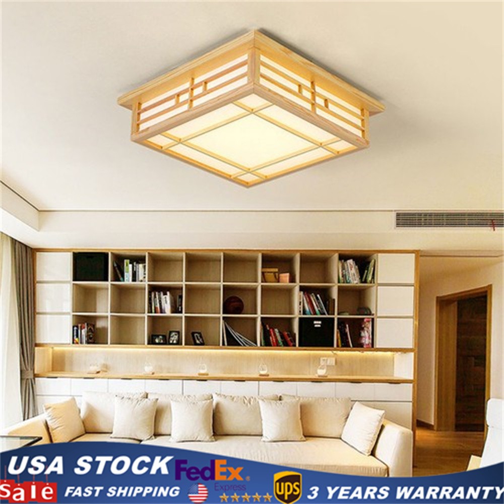 Wood Square Tatami Ceiling Light LED Chinese Japanese Grid Lamp Fixture w/Remote gallery
