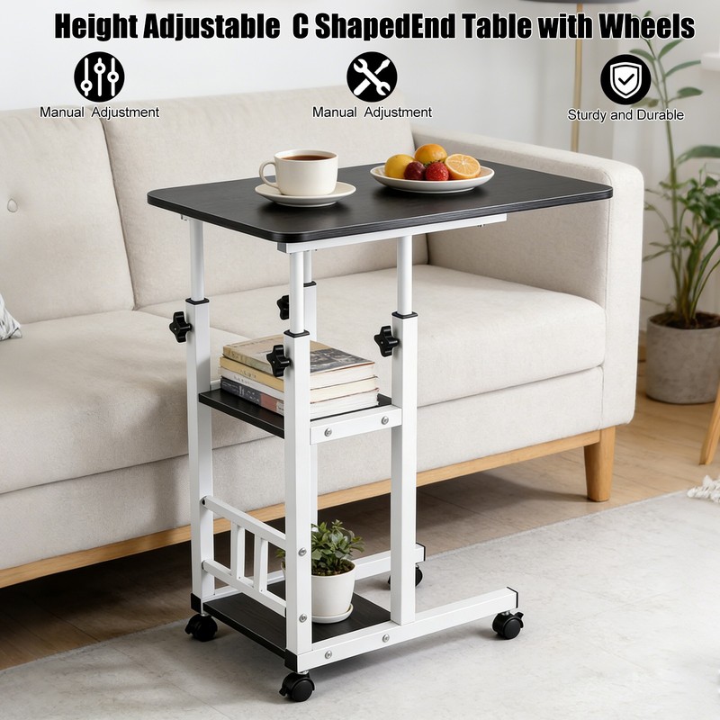 Height Adjustable C Table on Wheels with Storage Shelves Sofa End Table gallery