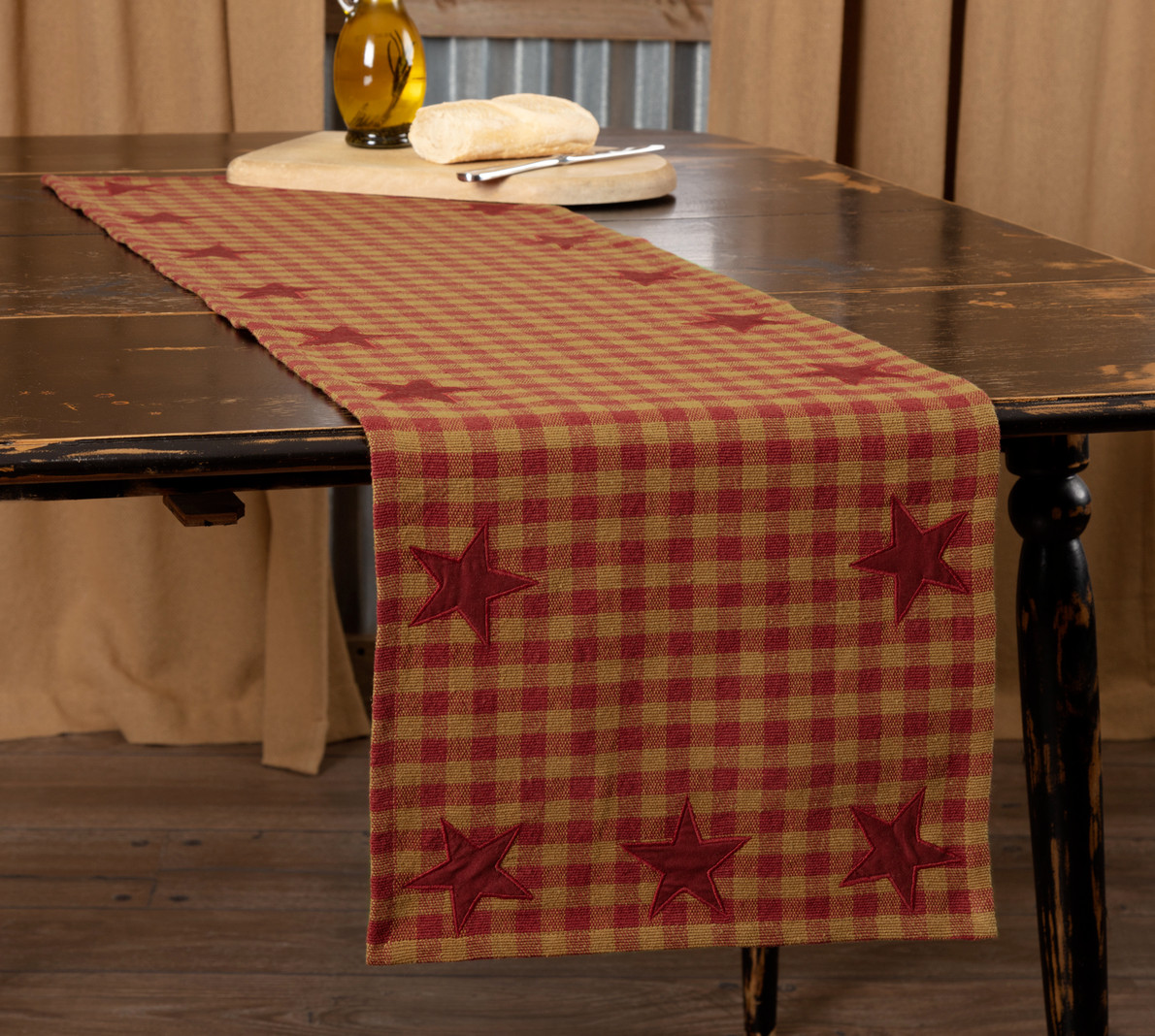NEW PRIMITIVE BURGUNDY STAR Appliqued TABLE RUNNER 48" Country Farmhouse Rustic gallery