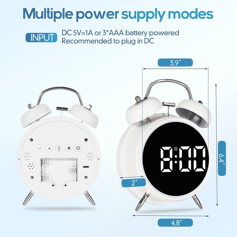 Extra Loud Alarm Clock for Heavy Sleepers - Retro Metal Twin Bell, Battery/Plug- gallery