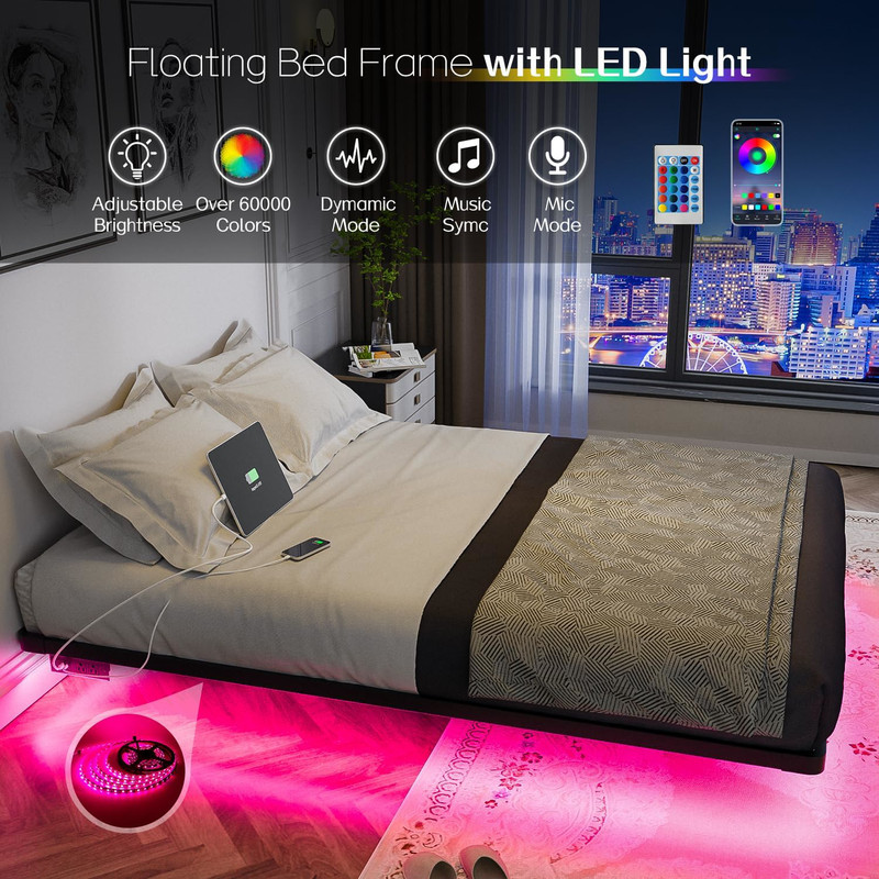 Floating Bed Frame Full Size with LED Lights and Charging Station Modern Metal gallery