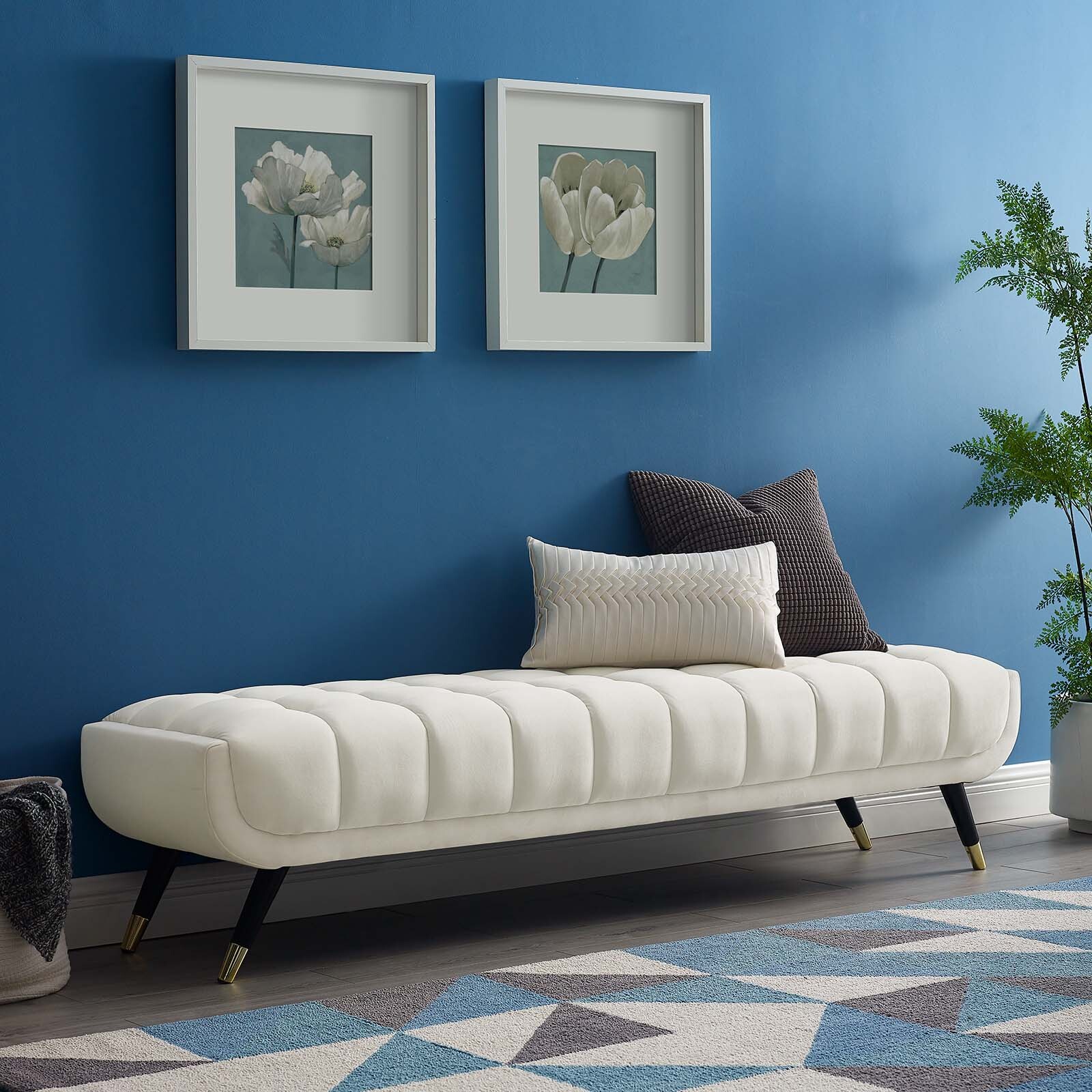 Modway Adept Mid-Century Modern Velvet Upholstered Tufted Accent Bench in Ivory gallery