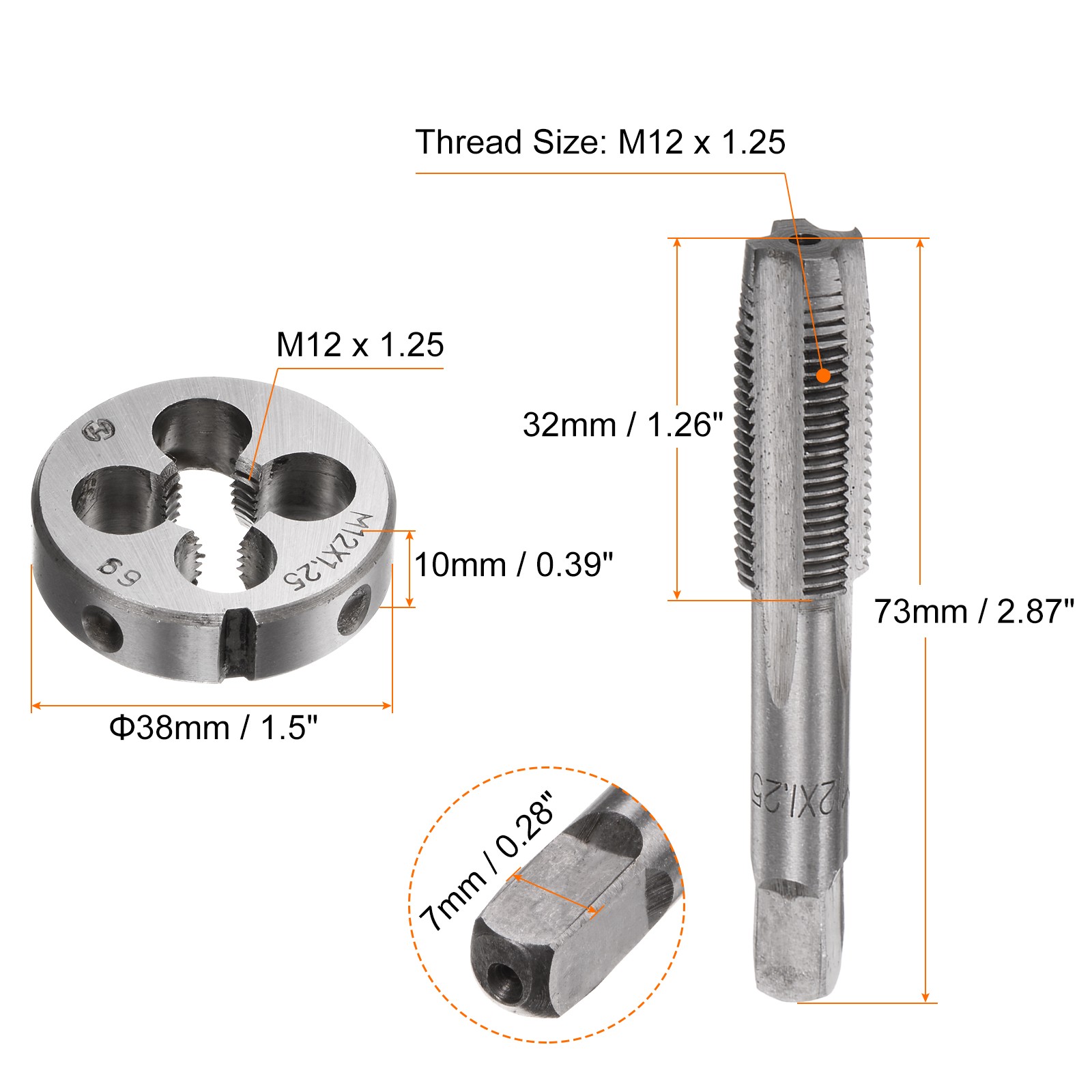 3 x M12 x 1.25 Taper/Bottom Thread Taps + Round Die Metric Hand Tap & Die Set gallery