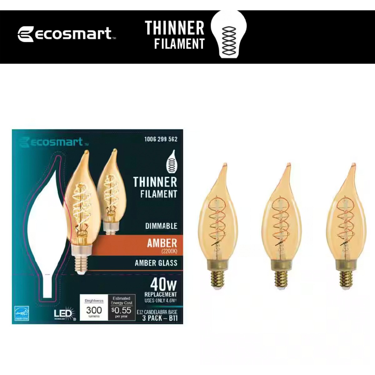 BA11 E12 LED Amber Edison Bulbs 40W Eqv Dimmable Vintage Candle Light 3-Pack gallery