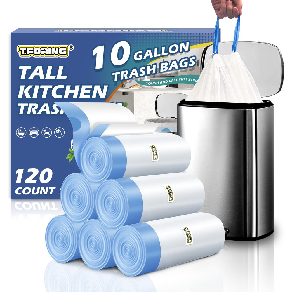 Kitchen 10 Gallon Trash Bag Drawstring,1.2 Mil,Unscented,120 Count