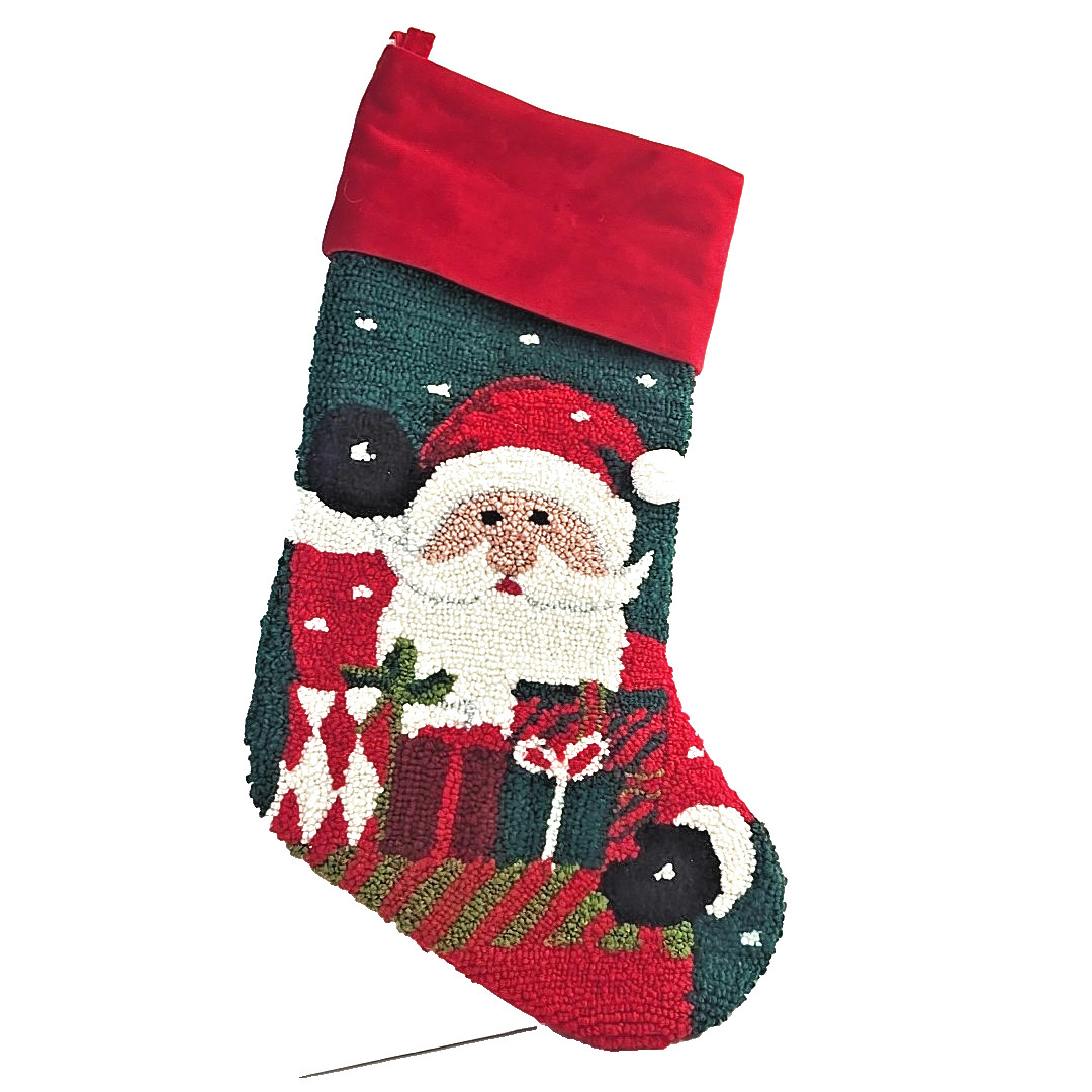 Christmas Stocking Punch Needle Santa Red Velvet Back Needlepoint 18" gallery
