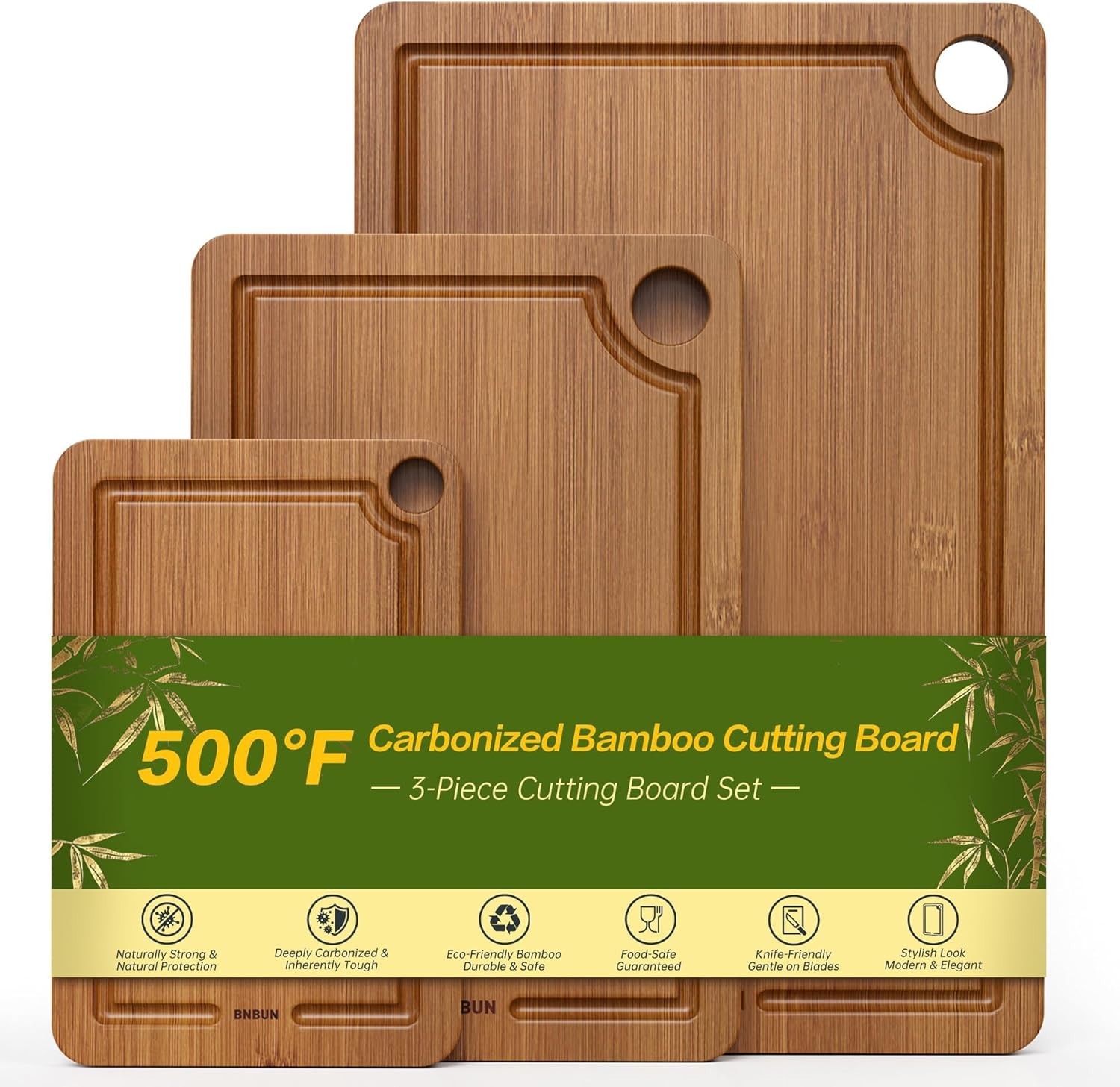 Bamboo Cutting Board for Kitchen, 3-Piece Set with Juice Grooves, Side Handles & gallery