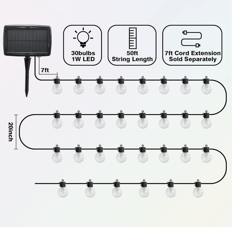 G40 Solar Power String Led Lights RGB+Warm white 30Bulbs 50FT IP65 8Mode Control gallery