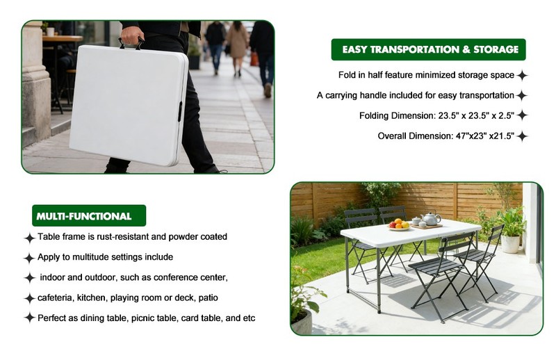 Folding Table Adjustable 4FT Plastic Table Picnic Camping w/Carry Handle White gallery