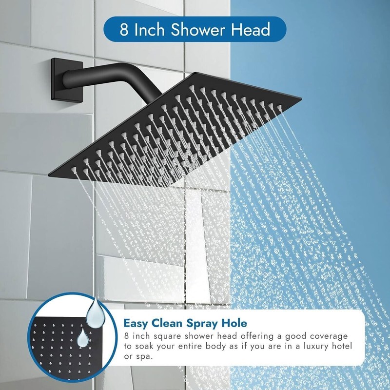 8" Rainfall Shower Head Combo System with Mixer Valve Kit Shower Faucet Black gallery