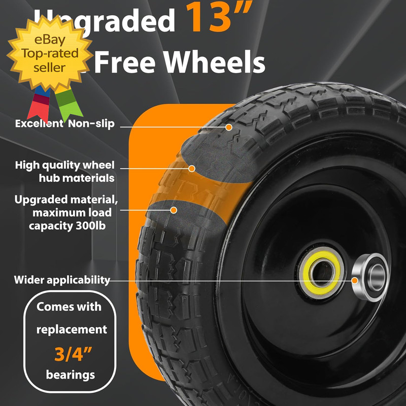 13" Flat Free Wheels Replacement for GOR Garden Cart Tires 4.00 6 Solid Tires gallery